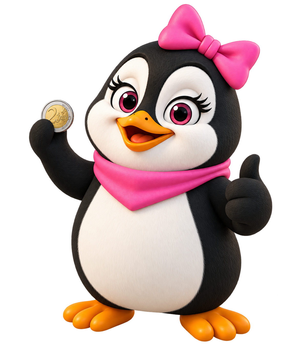 Il pinguino Must Energia con una moneta da 2 euro